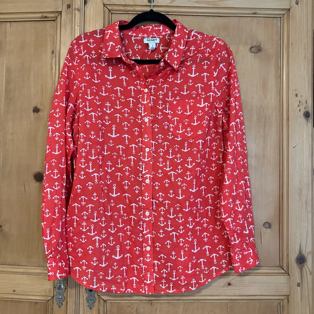 Old Navy Women’s Coral Red Anchor Print Cotton Button Down Shirt Sz L - Picture 2 of 6